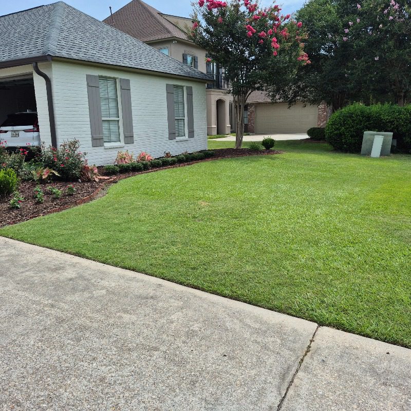 Maintained front lawn beside a white brick home, landscaped beds, and flowering trees